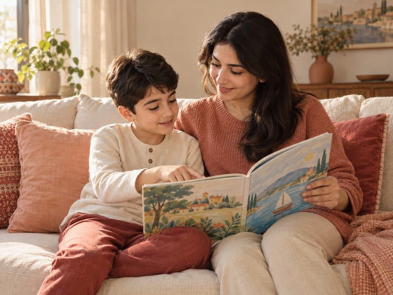 Ana və oğlu divanda yanaşı oturub birlikdə kitab oxuyur (illüstrativ şəkil)